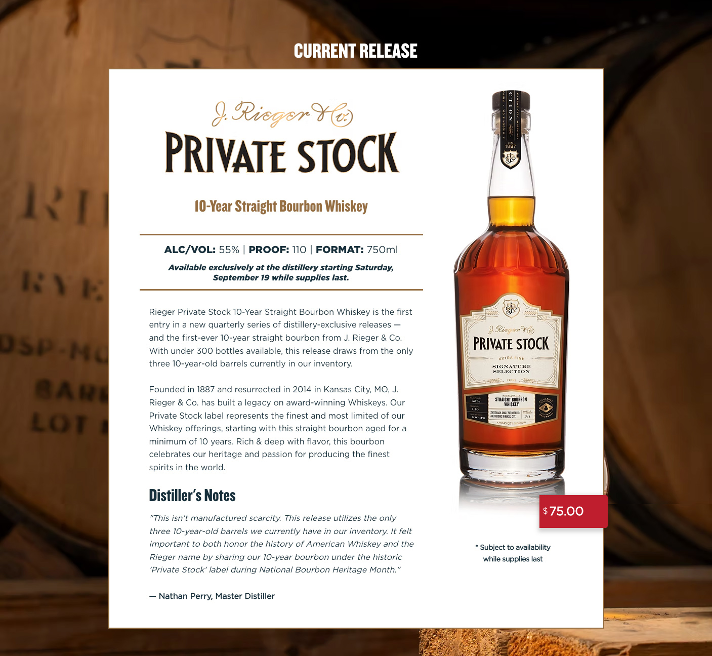 J. Rieger & Co. Private Stock Whiskey hub page, current release section