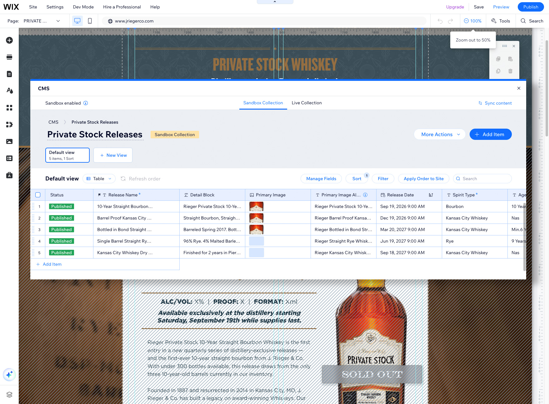 Private Stock CMS collection structure driving the hub and future archive