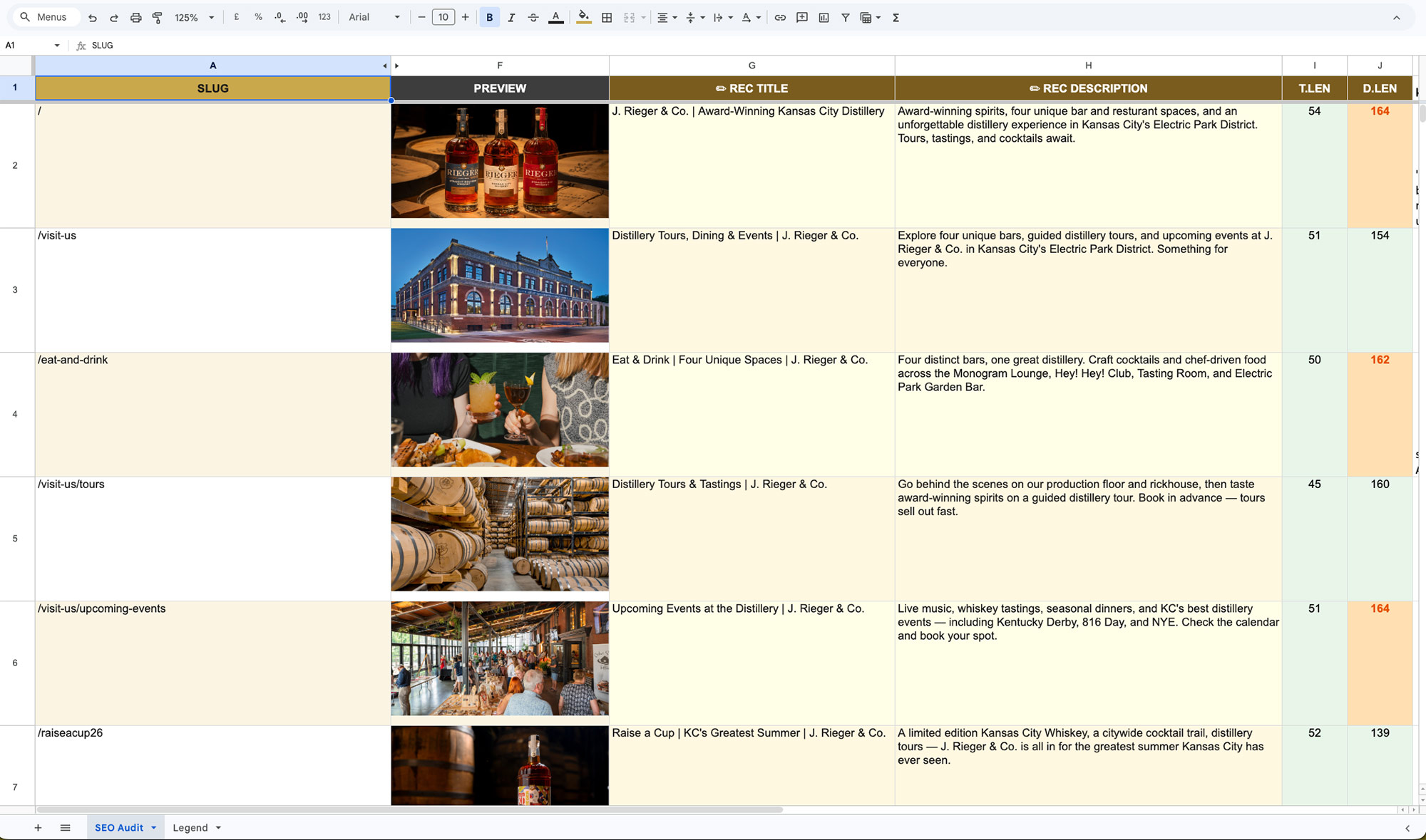 Color-coded metadata audit spreadsheet with embedded preview thumbnails